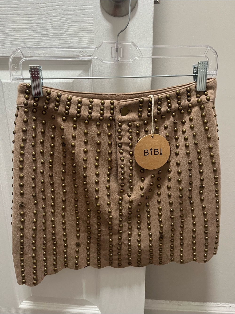 BiBi Bronze-Studded Tan faux suede country festival Mini Skirt